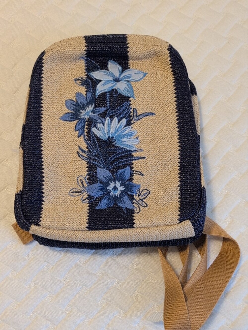 VERA BRADLEY Mini Straw Backpack Navy Blue Floral Embroidered Stripe - Picture 3 of 14